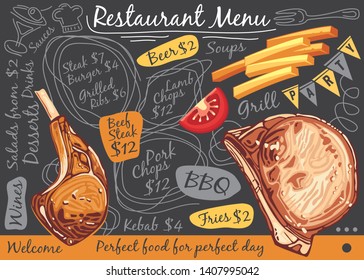 Blackboard restaurant menu with grilled pork loin chops, lamb chops, french fries and tomato slice. Creative diner menu template with delicious steaks. Fast food menu vector illustration.