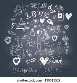 Blackboard romantic set in vector. Cartoon love symbols in vintage style