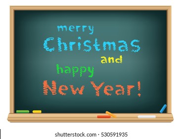 The blackboard with Santa message Merry Christmas and Happy New Year on white background. Congratulations multicolor text