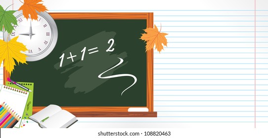 Blackboard and school accessories. Back to school. Vector