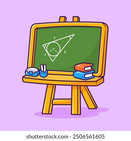 Blackboard School With Book And Chalk Cartoon Vector Icon Illustration. Education Object Icon Concept Isolated Premium Vector. Flat Cartoon Style