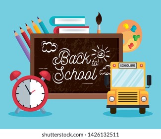 blackboard with school bus and books with pencils colors