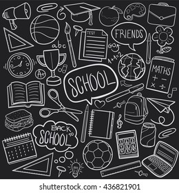 Blackboard School Day Doodle Icons Hand Made. Vector Illustration.
