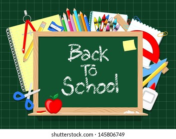 blackboard and school education supplies items background, in vector format very easy to edit, individual objects, only solid colors, no gradients