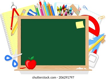 blackboard and school education supplies items isolated on white background