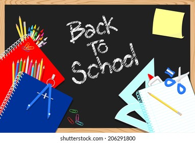 blackboard and school education supplies items background