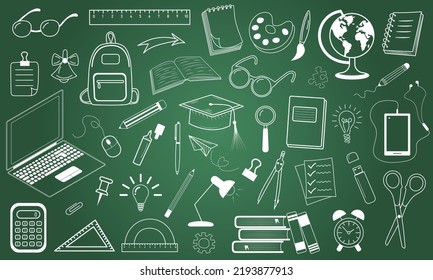 Blackboard with school icons. Education sketchy with school supplies. Linear doodle style. Vector illustration.