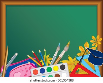 Blackboard with school supplies