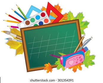 Blackboard with school supplies