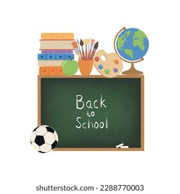 Blackboard with school supplies. Back to school. Vector illustration.