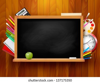 Blackboard with school supplies on wooden background. Vector illustration.