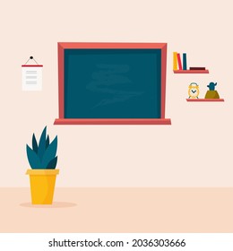 A blackboard, shelves with books , a flower in a pot. Vector illustration . A classroom . A school lesson .