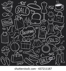 Blackboard Shopping Fashion Girl Day Doodle Icons Hand Made. Vector Illustration.