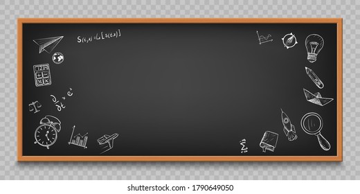 Blackboard with sketches and doodles. Back to school background with copy space. Template isolated on a transparent background. Vector illustration