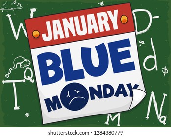 Blackboard with some variables of the formula for Blue Monday and a loose-leaf calendar with reminder of this date in January.