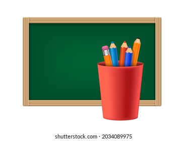 Blackboard with space for text and a set of pencils in a plastic glass. Blank school board and pencils. Vector illustration for Knowledge Day isolated on white background.