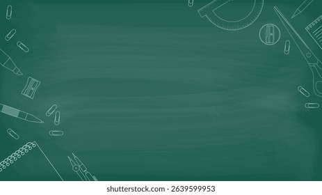 A blackboard with stationery items and place for text in a center. Vector illustration