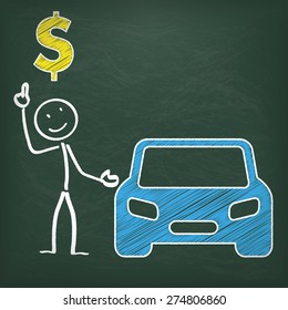 Blackboard with stickman, blue car and dollarsymbol. Eps 10 vector file.