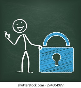 Blackboard with stickman and blue d-lock. Eps 10 vector file.