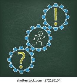 Blackboard with stickman in the blue gears. chart. Eps 10 vector file.