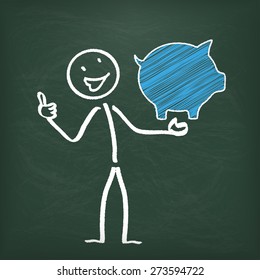 Blackboard with stickman and blue piggy bank. Eps 10 vector file.