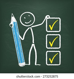 Blackboard with stickman, pencil and a checklist. Eps 10 vector file.