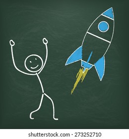 Blackboard with stickman and a rocket. Eps 10 vector file.