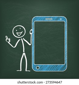Blackboard with stickman and a smartphone. Eps 10 vector file.