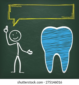 Blackboard with stickman, speech bubble and blue tooth. Eps 10 vector file.
