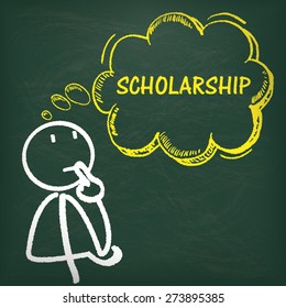 Blackboard with stickman, yellow thought bubble and text scholarship. Eps 10 vector file.