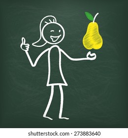 Blackboard with stickwoman and yellow pear. Eps 10 vector file.