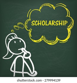 Blackboard with stickwoman, yellow thought bubble and text scholarship. Eps 10 vector file.