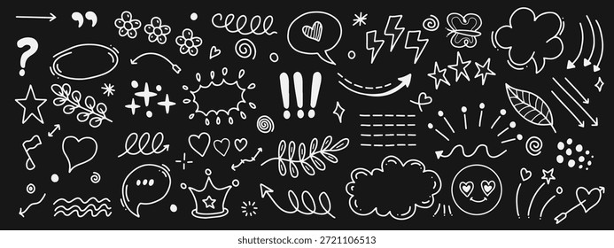 Elementos de doodle estilo pizarra con flechas, corazones y burbujas de discurso. Dibujado a mano boceto doodle linda estrella, corazón, elemento de la flor. Ilustración vectorial de decoración de garabatos