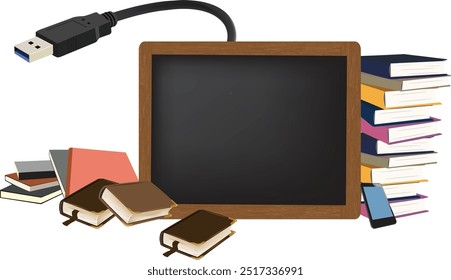 Blackboard cercado por livros, um smartphone e uma unidade USB que representa o conceito de educação on-line