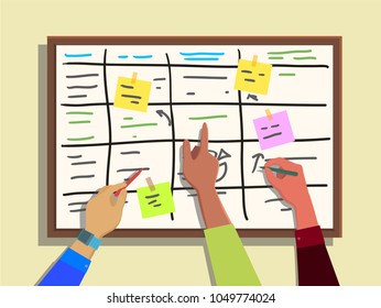 Blackboard with table drawn on it, sticked post-it notes and hands holding pieces of chalk. Board for effective daily planning, scheduling, timetable, to-do list. Vector illustration in cartoon style.