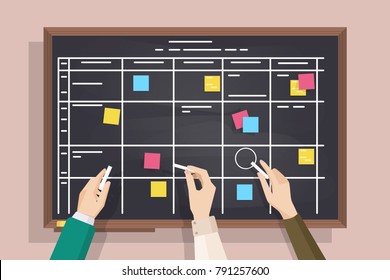 Blackboard with table drawn on it, sticked post-it notes and hands holding pieces of chalk. Board for effective daily planning, scheduling, timetable, to-do list. Colorful vector illustration.