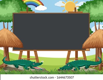 Blackboard template design with crocodiles in the park illustration