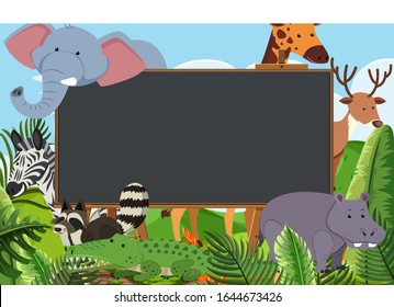 Blackboard template design with many wild animals in the field illustration