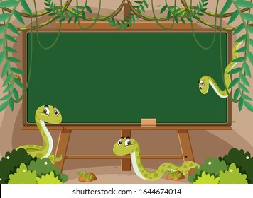 Blackboard template design with rattle snakes in garden illustration
