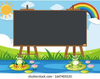 Blackboard template design with two frogs in the pond illustration
