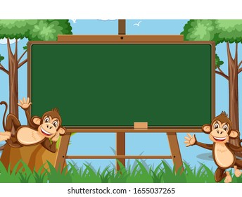 Diseño de plantillas de pizarra con dos monos felices en la ilustración de fondo