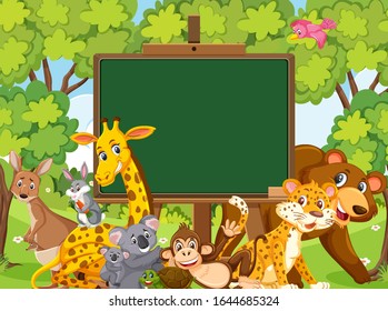 Blackboard template design with wild animals in the forest illustration