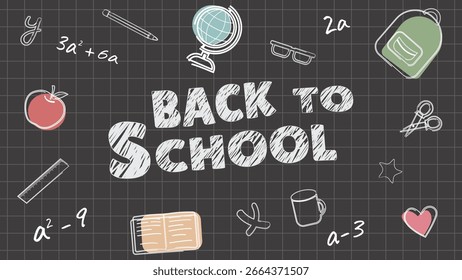 Tafel mit Text zurück zur Schule und Kreide gezeichnete Formeln, Globus, Äpfel, Lineal, Bleistift, Lehrbuch und Rucksack. Vektorgrafik der Tafel für den Schulhintergrund.