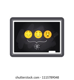 Blackboard with three various smiley emoticons and chalk drawing isolated on white background - classroom wall equipment for back to school concept in cartoon vector illustration.
