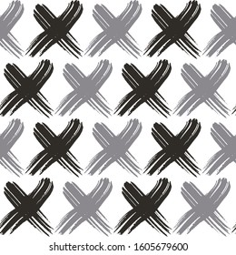 Blackboard Tic tac toe grunge background design. Tile X O ink brush texture. Tile vector pattern with black xo on white background