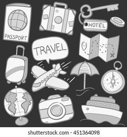 Blackboard Travel Doodle Grey Shadow Icons Hand Made vector Illustration sketch.