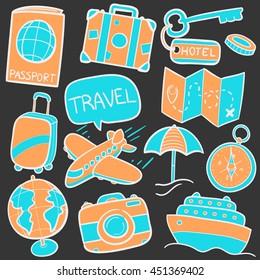 BlackBoard Travel Doodle Icons Color Hand Made vector Illustration sketch.