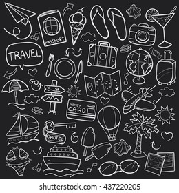 Blackboard Travel Doodle Icons Hand Made vector Illustration sketch.