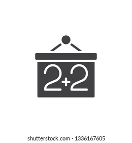 Blackboard and two plus two vector icon. filled flat sign for mobile concept and web design. 2 plus 2 chalkboard glyph icon. Symbol, logo illustration. Pixel perfect vector graphics