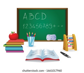 Blackboard and various school stuff for teachers and students. Illustration of school and education. School days.